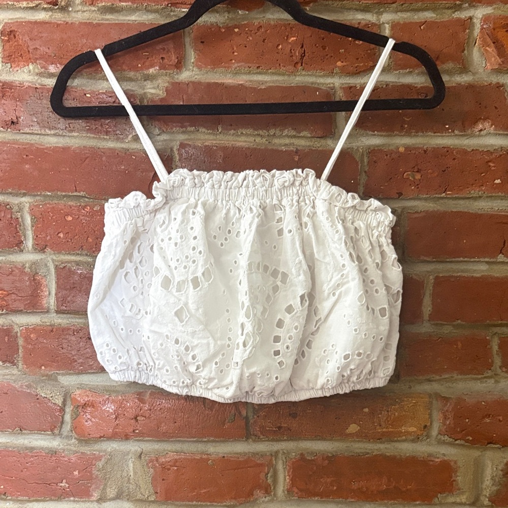 Express White Eyelet Smocked Crop Top - Women Size Medium